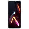 Czarny smartfon z dużym ekranem, na którym widoczna jest abstrakcyjna grafika z jasnymi, neonowymi liniami w odcieniach pomarańczowego i różowego. Na górze ekranu znajduje się mały otwór na kamerę.