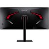 Czarny monitor z zakrzywionym ekranem, widoczny od tyłu, z czerwonymi akcentami świetlnymi i logo "acer" na górze. Monitor jest zamocowany na prostokątnej podstawie z centralnym wspornikiem.