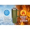 Zielony kubek termiczny o pojemności 1200 ml jest umieszczony na tle podzielonym na część z lodem i płomieniami. Obok kubka znajdują się napisy: "ZIMNY PRZEZ 12 GODZIN" z symbolem śnieżynki oraz "GORĄCY PRZEZ 6 GODZIN" z symbolem płomienia.
