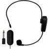 Czarne, bezprzewodowe słuchawki z mikrofonem na pałąku, obok których znajdują się dwa adaptery audio. Produkt to "System bezprzewodowy MUSICMATE MM-700 EchoDual Czarny".