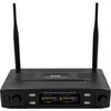 Czarny odbiornik mikrofonowy z dwoma antenami, na którym widnieje napis "UHF Wireless Microphone Receiver". Wyświetlacze pokazują częstotliwości: "640.0-644.0 MHz" dla kanału A i "645.0-649.0 MHz" dla kanału B.