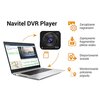 Na zdjęciu znajduje się laptop z wyświetlonym oprogramowaniem Navitel DVR Player oraz wideorejestrator NAVITEL R3. Obok widoczne są ikony z opisami: "Zarządzanie nagraniami", "Zapisywanie fragmentów plików wideo", "Eksportowanie ścieżek" i "Monitorowanie 