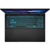 Na zdjęciu widoczny jest otwarty laptop z podświetlaną klawiaturą w kolorze niebieskim oraz dużym touchpadem poniżej. Na ekranie widać abstrakcyjną grafikę z niebieskimi i fioletowymi liniami.