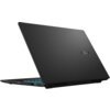 Czarny laptop z widocznym logo ASUS na pokrywie, częściowo otwarty, z podświetlaną klawiaturą w kolorze niebieskim. Na boku obudowy znajdują się porty i otwory wentylacyjne.