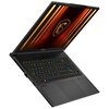 Laptop z otwartym ekranem, na którym widoczna jest grafika z pomarańczowymi liniami i logo smoka. Klawiatura jest podświetlana w różnych kolorach, a na obudowie znajduje się napis "steelseries".
