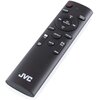 Czarny pilot zdalnego sterowania z widocznymi przyciskami, takimi jak "MODE", "MENU INFO", "STOP", "REPEAT", "MUTE", "EQ ZZZ", oraz logo "JVC" na dole.