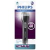 Opakowanie latarki z napisem "PHILIPS" oraz informacjami: "IMPROVED TECHNOLOGY", "distance 60 meters", "Philips flashlight", "Everyday LED", "60m", "22 lumens", "20h", "SFL3175". Na opakowaniu widoczne są również ikony przedstawiające zasięg, jasność, cza