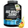 Czarny pojemnik z białą etykietą zawiera napis "BioTechUSA ISO WHEY ZERO" oraz informacje o produkcie: "Premium Whey Protein Isolate with L-Glutamine and BCAAs", "Pineapple-Mango Flavoured", "Lactose Reduced", "Sugar Free", "Gluten Free", "Palm Oil Free",