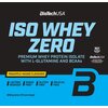 Na zdjęciu widoczna jest etykieta produktu "BioTechUSA Iso Whey Zero" o smaku ananas-mango, z informacjami: "Premium Whey Protein Isolate with L-Glutamine and BCAAs", "Lactose Reduced", "Sugar Free", "Gluten Free", "Palm Oil Free", oraz "1816 grams (72 se