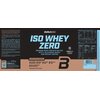 Opakowanie odżywki białkowej z napisem "BioTechUSA ISO WHEY ZERO" oraz informacjami: "Premium Whey Protein Isolate with L-Glutamine, BCAAs and Instant Coffee", "Caffe Latte Flavoured", "Lactose Reduced", "Sugar Free", "Gluten Free", "Palm Oil Free", "84 m