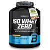 Czarny pojemnik z odżywką białkową marki BioTechUSA, z dużym białym napisem "ISO WHEY ZERO" oraz informacjami o produkcie: "PREMIUM WHEY PROTEIN ISOLATE WITH L-GLUTAMINE AND BCAAs", "HAZELNUT FLAVOURED", "LACTOSE REDUCED", "SUGAR FREE", "GLUTEN FREE", "PA