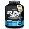 Czarny pojemnik z białą i niebieską grafiką oraz napisami: "BioTechUSA ISO WHEY ZERO PREMIUM WHEY PROTEIN ISOLATE WITH L-GLUTAMINE AND BCAAs", "COCONUT FLAVOURED", "LACTOSE REDUCED*", "SUGAR FREE*", "GLUTEN FREE*", "PALM OIL FREE", "1816 grams (72 serving