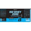 Opakowanie odżywki białkowej BIOTECH Iso Whey Zero o smaku czekoladowym, bez cukru, o wadze 1816 g, z napisem "PREMIUM WHEY PROTEIN ISOLATE WITH L-GLUTAMINE AND BCAAs". Na opakowaniu znajdują się informacje o składzie, wartościach odżywczych oraz oznaczen