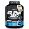 Czarny pojemnik z białą i niebieską grafiką oraz napisami: "BioTechUSA ISO WHEY ZERO PREMIUM WHEY PROTEIN ISOLATE WITH L-GLUTAMINE AND BCAAs", "VANILLA FLAVOURED", "LACTOSE REDUCED", "SUGAR FREE", "GLUTEN FREE", "PALM OIL FREE", "1816 grams (72 servings)"