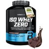 Czarne opakowanie odżywki białkowej z napisem "BioTechUSA ISO WHEY ZERO" oraz informacjami: "Premium Whey Protein Isolate with L-Glutamine and BCAAs", "Dark Chocolate Flavoured", "Lactose Reduced", "Sugar Free", "Gluten Free", "Palm Oil Free", "1816 grams