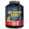 Czarne opakowanie z odżywką białkową marki BioTechUSA, z dużym żółtym napisem "ISO WHEY ZERO" oraz informacjami o braku laktozy, cukru, glutenu i oleju palmowego. Na etykiecie widnieje również napis "Catalan Caramel Cream Flavoured" oraz grafika przedstaw