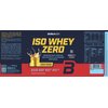 Opakowanie odżywki białkowej z napisem "BioTechUSA ISO WHEY ZERO" oraz "Catalan Caramel Cream Flavoured" na ciemnym tle, z grafiką przedstawiającą rozpryskujący się złoty płyn. Dodatkowe informacje to "Lactose Reduced", "Sugar Free", "Gluten Free", "Palm 