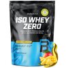 Czarna torebka z odżywką białkową marki BioTechUSA, z dużym białym napisem "ISO WHEY ZERO" oraz informacjami o produkcie, takimi jak "Pineapple-Mango Flavoured", "Lactose Reduced", "Sugar Free", "Gluten Free", "Palm Oil Free". Na dole opakowania widnieje 