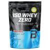 Czarno-niebieskie opakowanie odżywki białkowej z napisem "BioTechUSA ISO WHEY ZERO" oraz informacjami: "Premium Whey Protein Isolate with L-Glutamine and BCAAs", "Strawberry Flavoured", "Lactose Reduced", "Sugar Free", "Gluten Free", "Palm Oil Free", "454