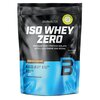 Czarny worek z odżywką białkową, na którym widnieje napis "BioTechUSA ISO WHEY ZERO Premium Whey Protein Isolate with L-Glutamine and BCAAs". Dodatkowe informacje to "Hazelnut Flavoured", "Lactose Reduced", "Sugar Free", "Gluten Free", "Palm Oil Free", or