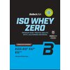 Opakowanie odżywki białkowej z napisem "BioTechUSA ISO WHEY ZERO" oraz informacjami: "PREMIUM WHEY PROTEIN ISOLATE WITH L-GLUTAMINE AND BCAAs", "CHOCOLATE FLAVOURED", "LACTOSE REDUCED*", "SUGAR FREE*", "GLUTEN FREE*", "PALM OIL FREE", "454 grams (18 servi