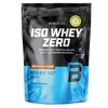 Czarno-niebieskie opakowanie odżywki białkowej z napisem "BioTechUSA ISO WHEY ZERO" oraz informacjami: "Premium Whey Protein Isolate with L-Glutamine and BCAAs", "Salted Caramel Flavoured", "Lactose Reduced", "Sugar Free", "Gluten Free", "Palm Oil Free", 