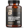 Brązowa butelka z czarną etykietą zawiera napisy: "B", "60 tablets (30 servings)", "MULTIVITAMIN FOR WOMEN", "FROM ORGANIC SOURCES", "BioTechUSA", "K2VITAL", "Ferrochel Albion Minerals".