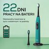 Na zdjęciu znajduje się turkusowa szczoteczka soniczna na podstawce oraz dodatkowa końcówka, obok której widnieje tekst: "22 dni pracy na baterii. Niezawodny towarzysz w życiu codziennym i w podróży." oraz logo "beurer".
