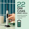 Szczoteczka soniczna w kolorze miętowym stoi na podstawce, z wyświetlaczem pokazującym 80% naładowania, obok widoczna jest dłoń. Po prawej stronie znajduje się tekst: "22 DNI CZAS PRACY ACCU Niezawodny towarzysz w życiu codziennym i w podróży" oraz ikona 