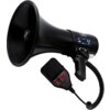 Czarny megafon z panelem sterowania, na którym znajdują się przyciski i port USB, oraz odłączanym mikrofonem z przyciskami oznaczonymi jako "MUSIC", "ON/OFF", "PLAY", "SIREN", "REC". Na megafonie widoczne jest logo "MUSICMATE".