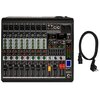 Mikser audio z wieloma pokrętłami, suwakami i przyciskami, oznaczony jako "MUSICMATE MM-SM600 MixGenius", z widocznymi wejściami i wyjściami oraz wyświetlaczem cyfrowym. Obok miksera znajduje się czarny kabel z wtyczką.