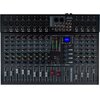 Na zdjęciu znajduje się mikser audio z wieloma pokrętłami, suwakami i złączami, oznaczony jako "PROFESSIONAL MIXER". Widoczne są napisy takie jak "MIC", "LINE", "GAIN", "AUX", "PAN", "EFFECT", "PHONE LEVEL", "DISPLAY", oraz "SMALL-SIZED CONSOLE MIXERS".