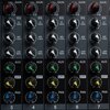 Zdjęcie przedstawia panel miksera audio z siedmioma pionowymi sekcjami, z których każda zawiera pokrętła oznaczone jako GAIN, EQ, AUX, EFF i PAN. Pokrętła są różnokolorowe, a każda sekcja jest ponumerowana od 3 do 7.