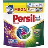 Opakowanie kapsułek do prania "Persil Discs 4 in 1 Color - 60 szt." z dużym napisem "MEGA" oraz grafiką przedstawiającą kapsułkę w kolorach niebieskim, zielonym, czerwonym i białym. Na opakowaniu znajdują się również informacje: "Deep Clean", "Clean Laund