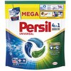 Opakowanie kapsułek do prania Persil Discs 4 in 1 Universal z napisem "MEGA" i grafiką przedstawiającą kapsułki w kolorach niebieskim, zielonym i białym. Widoczne są również informacje: "DEEP CLEAN", "60", "20-95°C", "SAVE UP TO 70% PLASTIC", "CHILD STOP 
