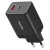 Czarna ładowarka sieciowa z dwoma portami: USB-A i USB-C, z widocznym napisem "PHILIPS" na obudowie. Port USB-A jest oznaczony jako "USB-A" i ma czerwone wnętrze, natomiast port USB-C jest oznaczony jako "USB-C".