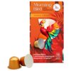 Opakowanie kapsułek do ekspresu z napisem "Morning Bird Oro Harmony" oraz "Single Origin", ozdobione kolorowym wizerunkiem ptaka. Na dole widnieje tekst: "kompatybilne z domowymi ekspresami Nespresso® Original**", a obok znajduje się symbol 10 kapsułek aluminiowych.