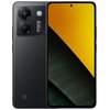 Na zdjęciu widoczny jest czarny smartfon z dużym ekranem, na którym wyświetlany jest gradient w kolorach żółtym i czarnym. Na obudowie z tyłu znajdują się dwa duże obiektywy aparatu oraz napis "POCO 50MP AI 5G CAM".