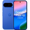 Na zdjęciu widoczny jest smartfon w kolorze indygo z wyświetlaczem prezentującym gradientowe tło w odcieniach różu i niebieskiego oraz tekstem "Google Pixel 10 z Gemini". Obok znajduje się tył urządzenia z logo "G" i podwójnym aparatem fotograficznym.