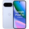 Smartfon w jasnoliliowym kolorze z dużym wyświetlaczem, na którym widnieje napis "Google Pixel 10 z Gemini". Na tylnej obudowie znajduje się logo "G" oraz podwójny aparat fotograficzny.
