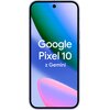 Smartfon z wyświetlaczem w kolorach niebieskim, zielonym i różowym, z centralnie umieszczonym otworem na aparat. Na ekranie widoczny jest tekst: "Google Pixel 10 z Gemini".