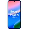 Smartfon z wyświetlaczem w kolorach gradientu od różowego do niebieskiego, z centralnie umieszczonym otworem na kamerę. Na ekranie widoczny jest biały napis: "Google Pixel 10 z Gemini".