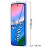 Na zdjęciu widoczny jest smartfon w kolorze indygo z ekranem o przekątnej 6.3 cala (16.00 cm), z wymiarami 152.8 mm wysokości, 72 mm szerokości i 8.6 mm grubości. Ekran wyświetla gradientowe tło w odcieniach różu, niebieskiego i zielonego.