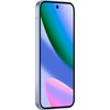 Smartfon w jasnoliliowym kolorze z dużym ekranem, na którym widoczna jest abstrakcyjna grafika w odcieniach niebieskiego, zielonego i różowego. Na górze ekranu znajduje się mały otwór na aparat.