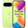 Limonkowy smartfon z widocznym logo "G" na tylnej obudowie oraz ekranem wyświetlającym tekst: "Google Pixel 10 z Gemini" na kolorowym tle. Na tylnej obudowie znajdują się trzy obiektywy aparatu w czarnym panelu.