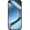 Na zdjęciu widoczny jest smartfon z dużym ekranem, na którym wyświetlany jest abstrakcyjny wzór w odcieniach niebieskiego i szarości. W górnej części ekranu znajduje się mały otwór na aparat.