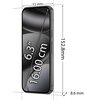 Na zdjęciu widoczny jest smartfon z ekranem o przekątnej 6.3 cala (16.00 cm), z wymiarami 152.8 mm wysokości, 72 mm szerokości i 8.6 mm grubości. Na ekranie znajduje się grafika z napisem "6.3" 16.00 cm".