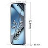 Smartfon z wyświetlaczem o przekątnej 6.3 cala (16.00 cm) jest przedstawiony z wymiarami: 72 mm szerokości, 152.8 mm wysokości i 8.6 mm grubości. Na ekranie widoczny jest abstrakcyjny wzór w odcieniach niebieskiego.
