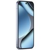 Smartfon z dużym ekranem o zaokrąglonych rogach, wyświetlający abstrakcyjną grafikę w odcieniach niebieskiego i szarego. Obudowa urządzenia jest w kolorze księżycowego szarego.