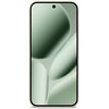 Na zdjęciu widoczny jest smartfon z dużym ekranem, na którym wyświetlany jest abstrakcyjny wzór w odcieniach jadeitowej zieleni. Urządzenie ma cienkie ramki i centralnie umieszczony aparat przedni.